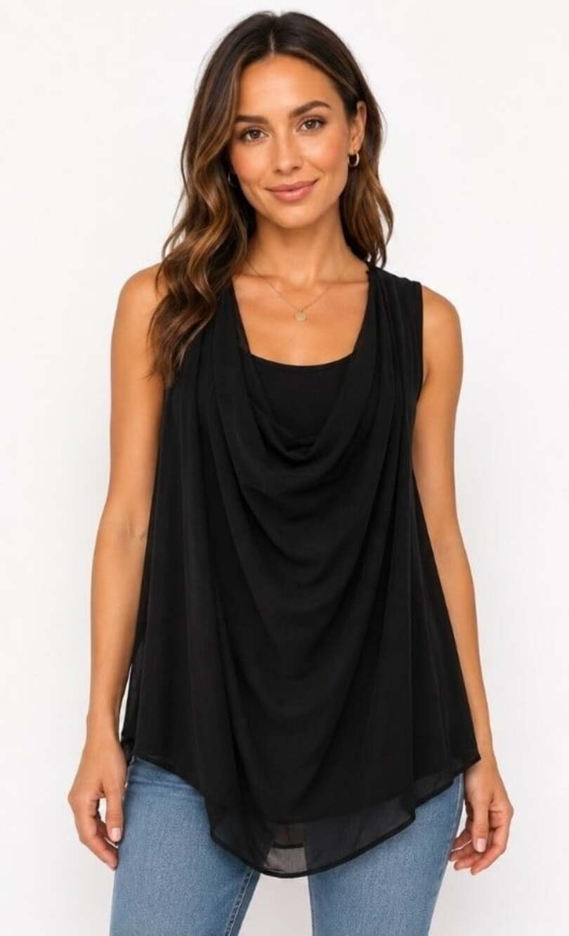 East Adeline Black Sleeveless Blouse 4X Cowl Neck Rayon Blend Excellent B15